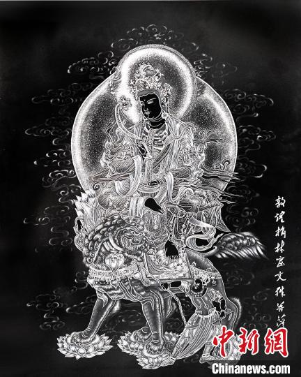 圖為朱增平創(chuàng)作的鍥金畫《敦煌榆林窟文殊菩薩》。(資料圖) 受訪者供圖