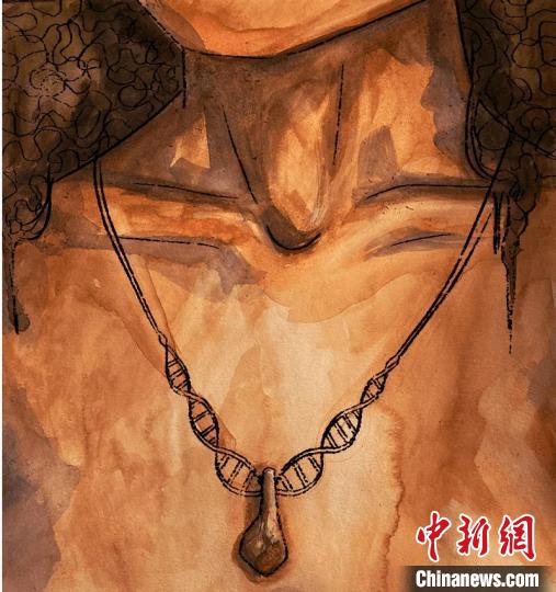 墜飾藝術(shù)再現(xiàn)圖，圖中吊墜繩為DNA螺旋樣式(圖片作者Myrthe Lucas)?！∈┢樟指瘛ぷ匀?供圖