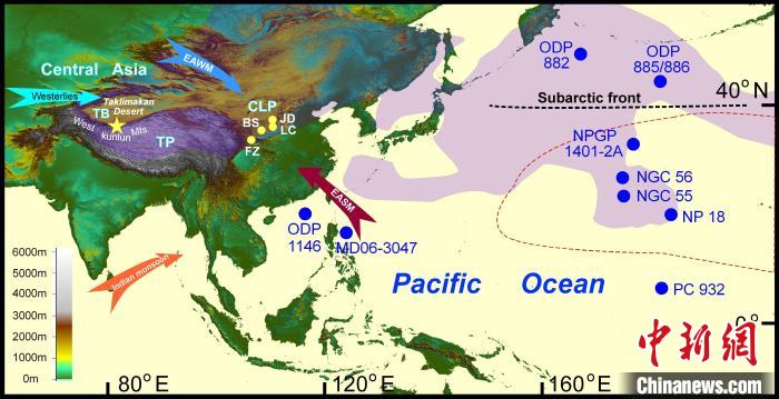 塔里木沙塵傳輸至北太平洋的路徑(陰影區(qū))及西昆侖山黃土巖芯位置(五角星)?！≈锌圃呵嗖馗咴?供圖