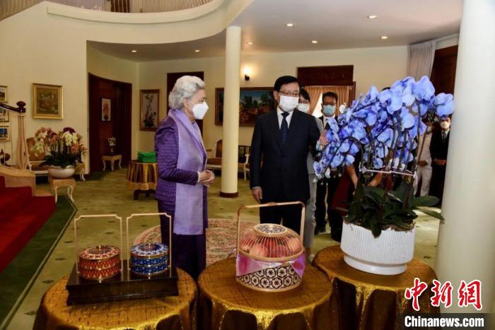 王文天大使介紹中國傳統(tǒng)工藝品及云南的蘭花和鮮果?！≈袊v柬埔寨大使館微信公眾號 攝