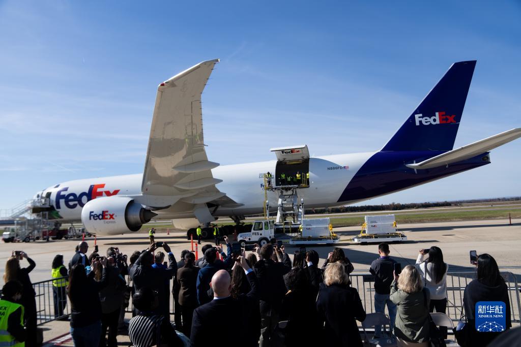 11月8日，在美國弗吉尼亞州的華盛頓杜勒斯國際機(jī)場，裝有大熊貓的特制“旅行包廂”準(zhǔn)備運(yùn)上專機(jī)。新華社記者劉杰攝