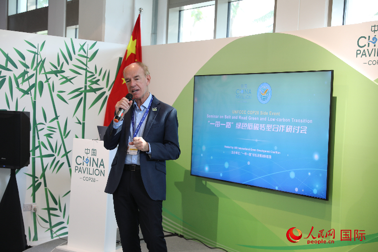 綠色聯(lián)盟聯(lián)合主席、世界自然基金會國際特使蘭博蒂尼在“一帶一路”綠色低碳轉(zhuǎn)型合作研討會上發(fā)言。人民網(wǎng)記者 張志文攝