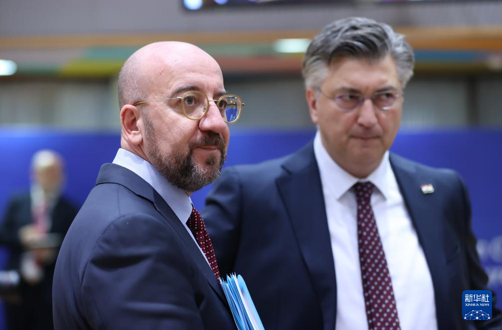 2月1日，歐洲理事會主席米歇爾（左）出席在比利時布魯塞爾舉行的歐盟特別峰會。新華社記者 趙丁喆 攝