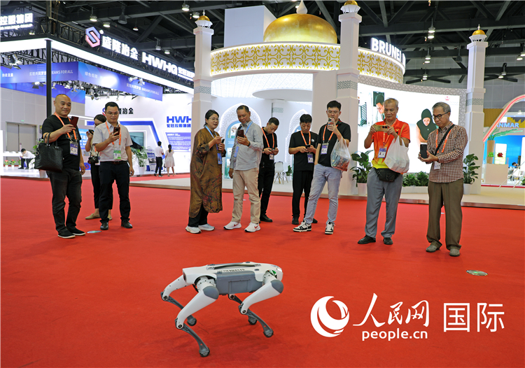 東博會上，觀眾正在參觀一只機器狗。綠色能源、新能源汽車、綠色農(nóng)產(chǎn)品等成為本屆東博會觀眾關(guān)注的焦點。人民網(wǎng)記者 趙益普攝