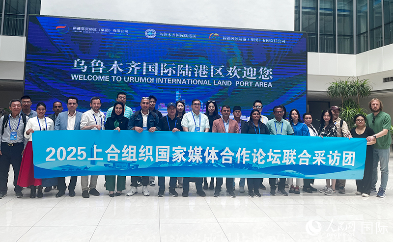 5月26日，外國媒體人在烏魯木齊國際陸港區(qū)合影留念。 人民網(wǎng)記者 翟轉麗攝