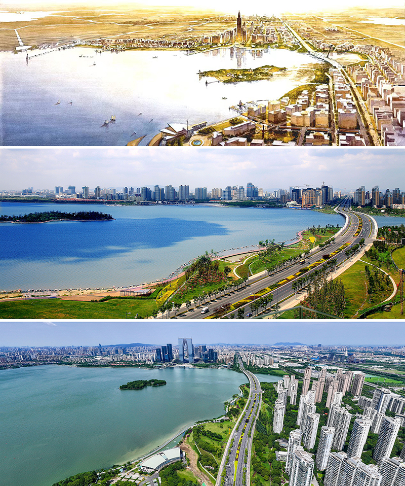 拼版照片：上圖為1994年繪制的蘇州工業(yè)園區(qū)手繪規(guī)劃圖；中圖為2007年拍攝的蘇州工業(yè)園區(qū)；下圖為2023年7月4日用無人機(jī)拍攝的蘇州工業(yè)園區(qū)。