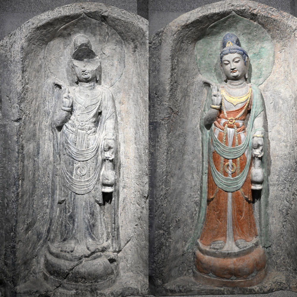 左圖為龍門石窟萬佛洞窟前南壁菩薩造像的3D打印模型；右圖為利用數(shù)字化技術(shù)復(fù)原后的3D打印模型（2025年4月10日攝，拼版照片）。復(fù)原后的像龕精妙絕倫，栩栩如生，被游客譽(yù)為“龍門最美菩薩”。圖片來源新華社