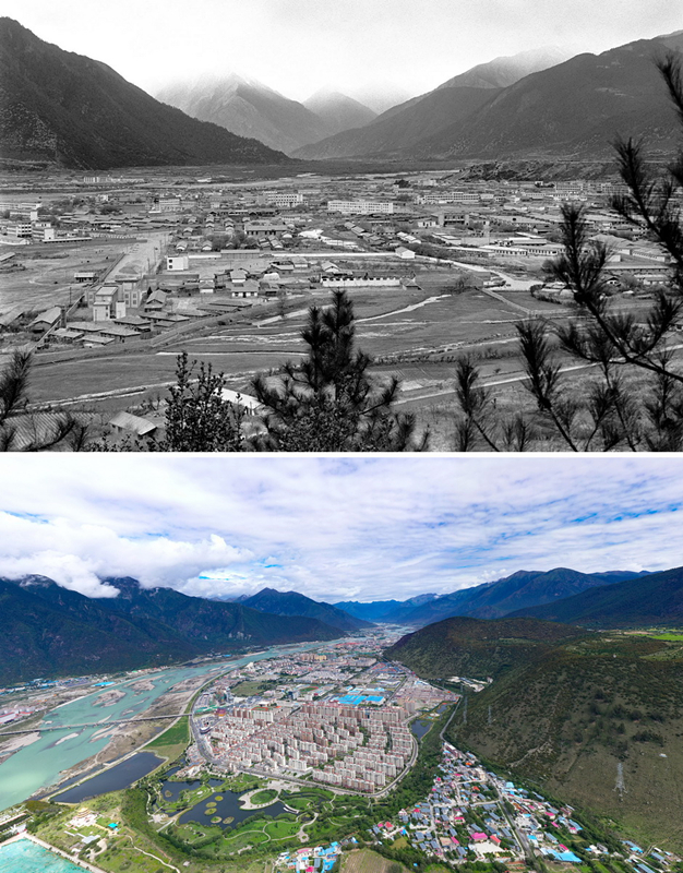 拼版照片：上圖是20世紀90年代的西藏林芝八一鎮(zhèn)；下圖是2021年7月20日拍攝的西藏林芝八一鎮(zhèn)風貌。