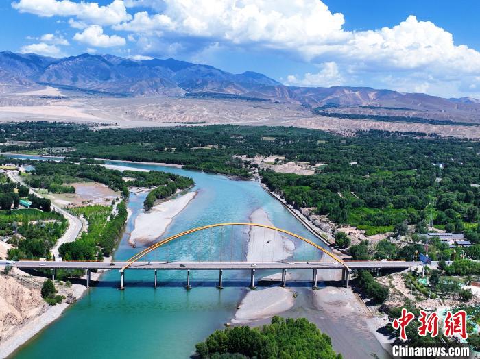 航拍貴德縣黃河岸畔綠意盎然。　馬銘言 攝