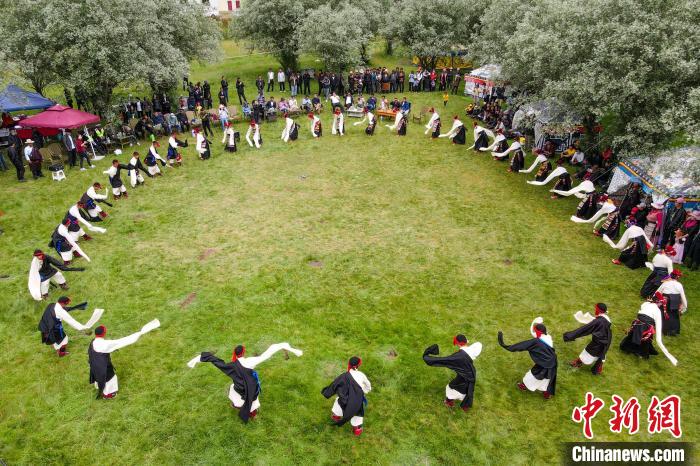 資料圖為西藏昌都丁青縣民眾跳歡快的鍋莊舞?！〗w波 攝