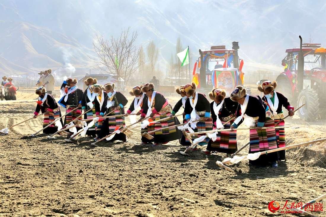 當?shù)卮迕裆碇?jié)日盛裝，舉行春耕儀式。人民網(wǎng) 次仁羅布攝