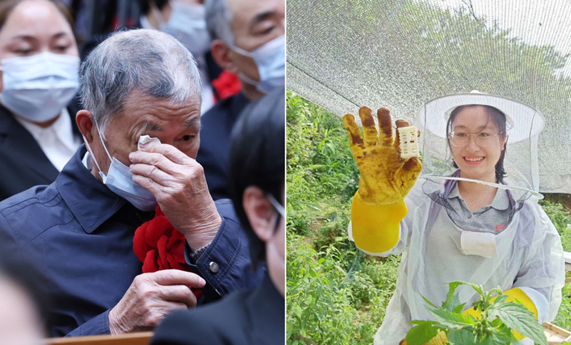 左圖為2021年2月25日，黃文秀的父親黃忠杰在全國脫貧攻堅(jiān)表彰大會上；右圖為黃文秀生前工作照。